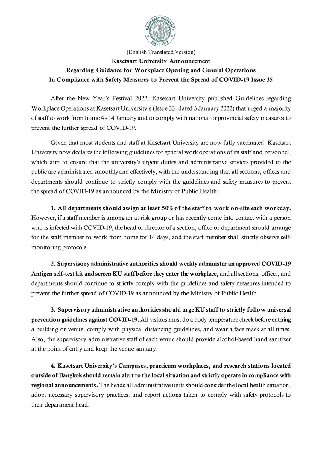 KUKU News KU Annoucement Regarding Guidance for Workplace Opening a...